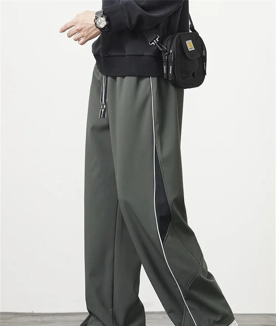 Men's Wide Leg Striped Track Pants Drawstring Waist Loose Fit Straight Leg Sportswear Trousers