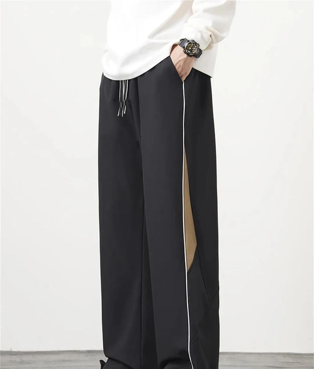 Men's Wide Leg Striped Track Pants Drawstring Waist Loose Fit Straight Leg Sportswear Trousers