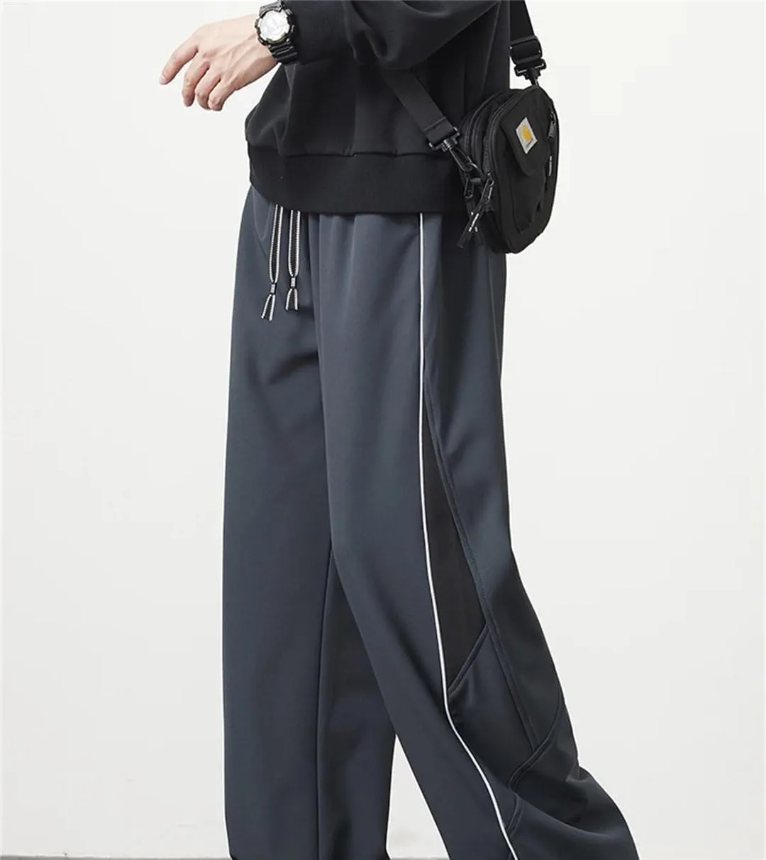 Men's Wide Leg Striped Track Pants Drawstring Waist Loose Fit Straight Leg Sportswear Trousers