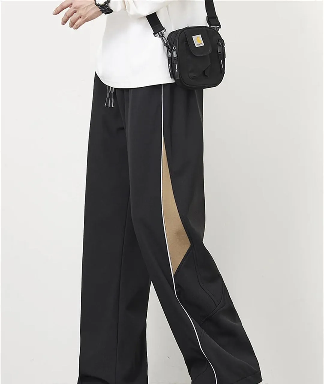 Men's Wide Leg Striped Track Pants Drawstring Waist Loose Fit Straight Leg Sportswear Trousers