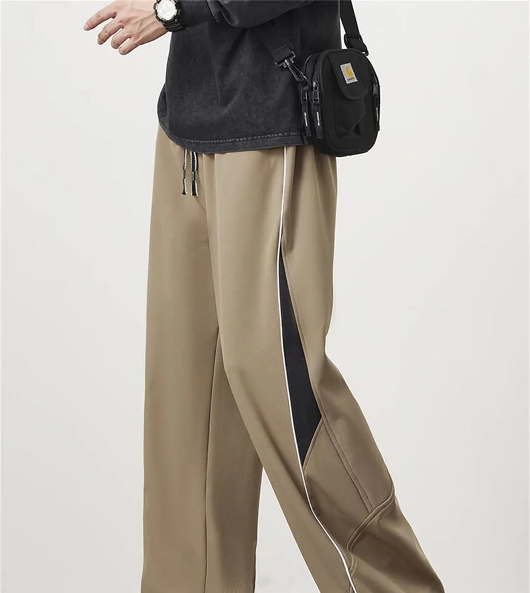 Men's Wide Leg Striped Track Pants Drawstring Waist Loose Fit Straight Leg Sportswear Trousers
