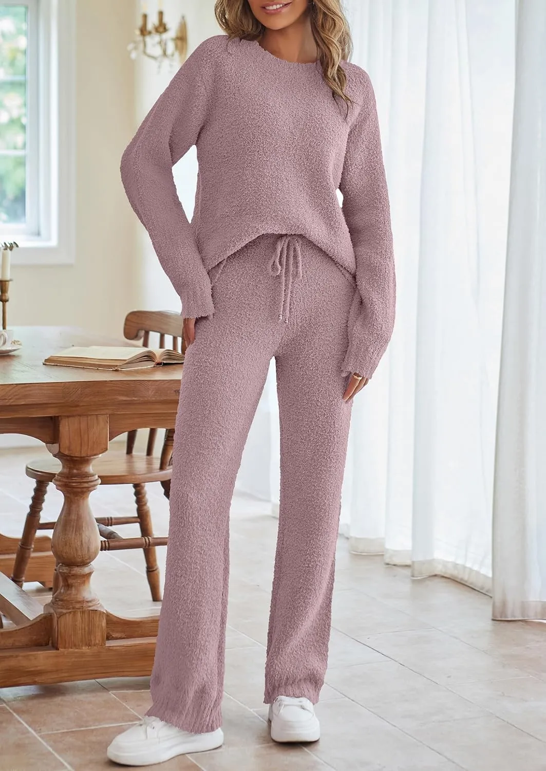 MEROKEETY Womens Fuzzy Fleece Long Sleeve 2 Piece Loungewear Outfits Sweater Pants Pajama Sets