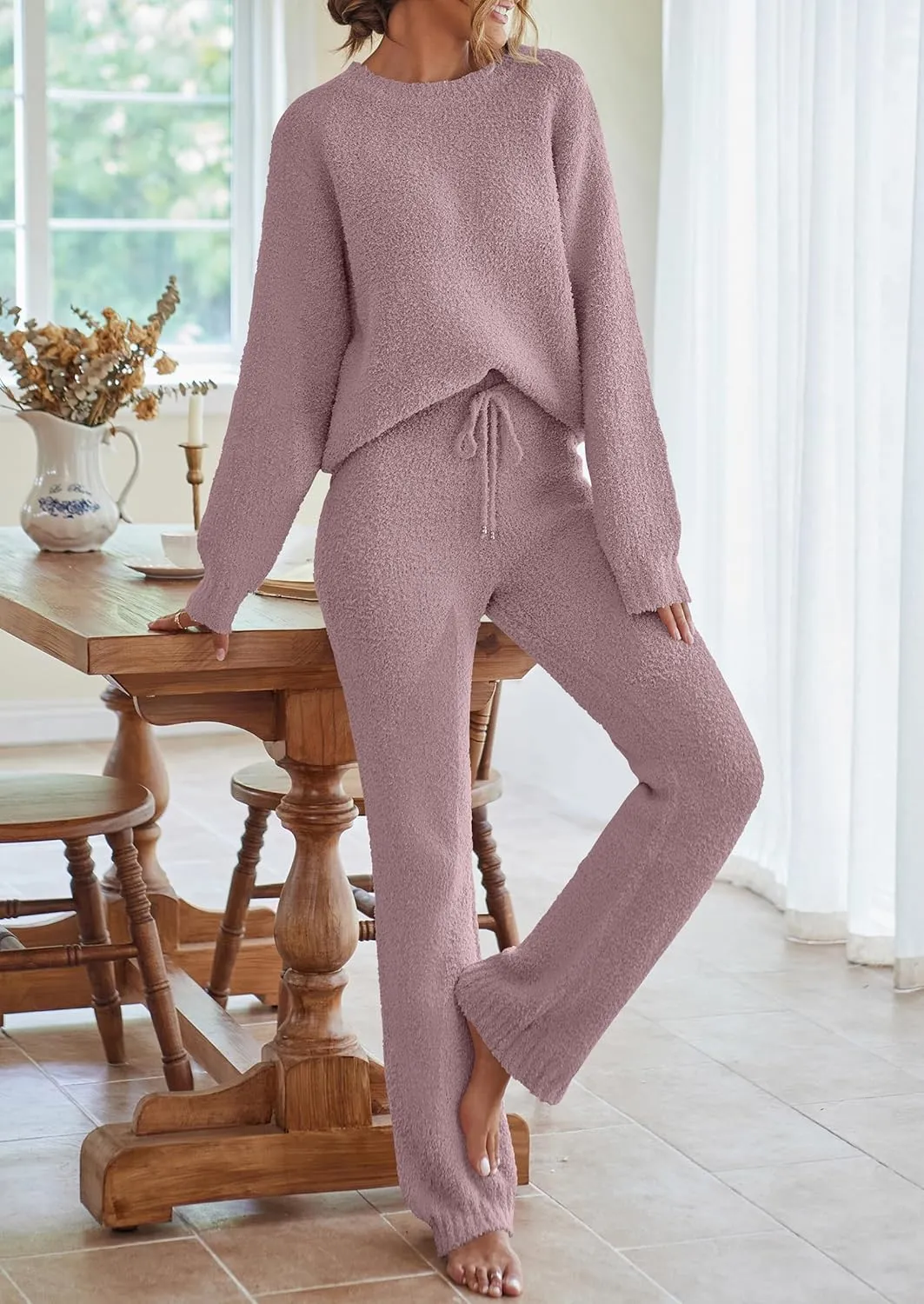 MEROKEETY Womens Fuzzy Fleece Long Sleeve 2 Piece Loungewear Outfits Sweater Pants Pajama Sets