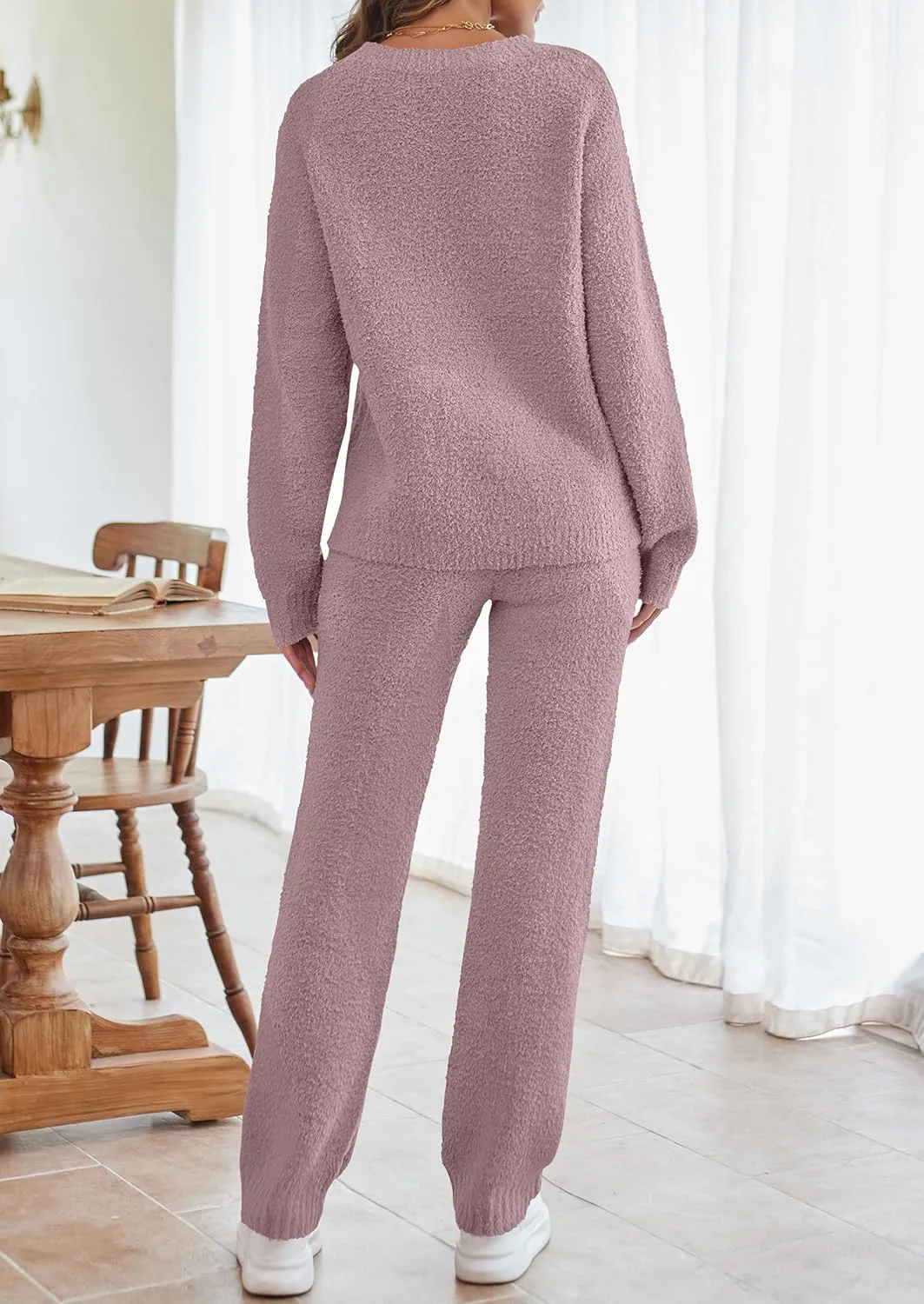 MEROKEETY Womens Fuzzy Fleece Long Sleeve 2 Piece Loungewear Outfits Sweater Pants Pajama Sets