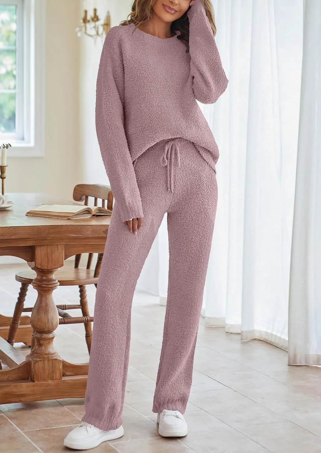 MEROKEETY Womens Fuzzy Fleece Long Sleeve 2 Piece Loungewear Outfits Sweater Pants Pajama Sets
