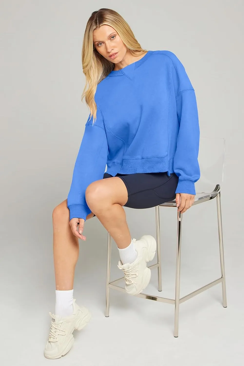 MEROKEETY Women's Oversized Cropped Sweatshirts Crewneck Fleece Workout Pullover Sweater Fall Outfits