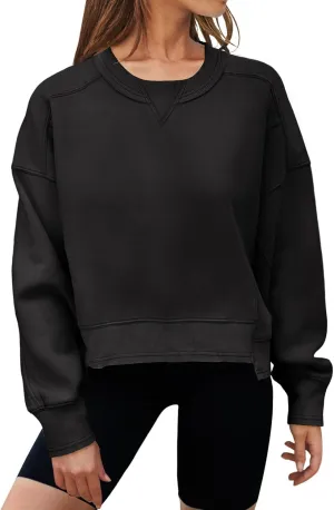 MEROKEETY Women's Oversized Cropped Sweatshirts Crewneck Fleece Workout Pullover Sweater Fall Outfits