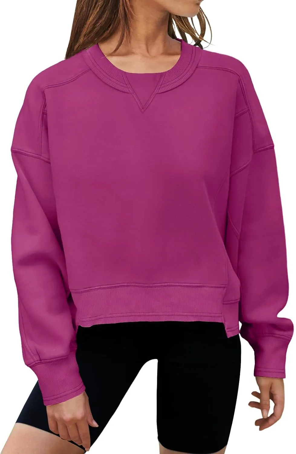 MEROKEETY Women's Oversized Cropped Sweatshirts Crewneck Fleece Workout Pullover Sweater Fall Outfits