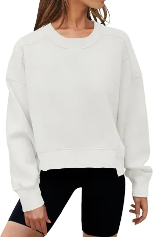MEROKEETY Women's Oversized Cropped Sweatshirts Crewneck Fleece Workout Pullover Sweater Fall Outfits