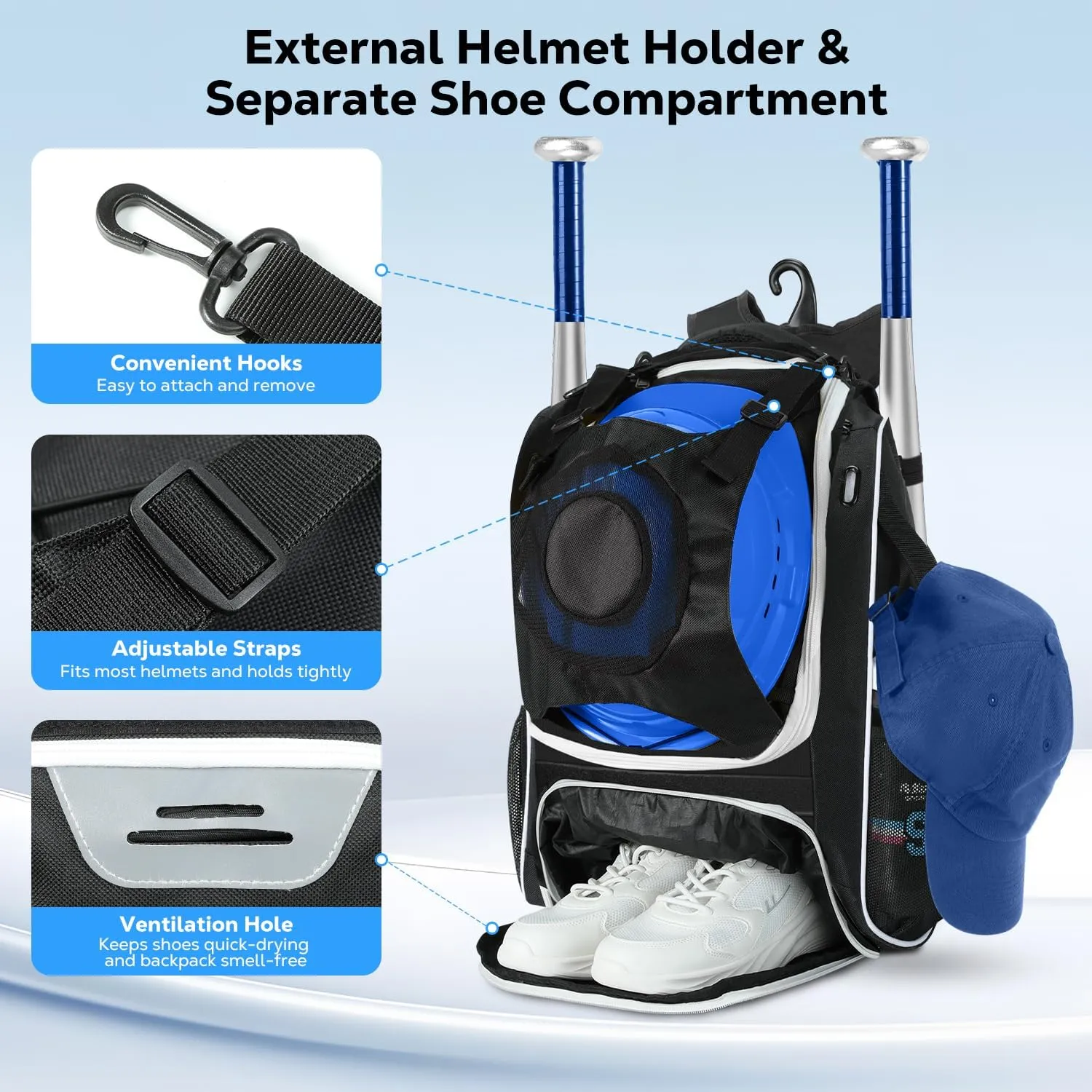 MoKo Baseball Bag, Softball Bag with External Helmet Holder & Fence Hook for T-Ball Bat Softball Equipment, Lightweight & Breathable Baseball Backpack with Shoe Compartment for Youth & Adult, Black