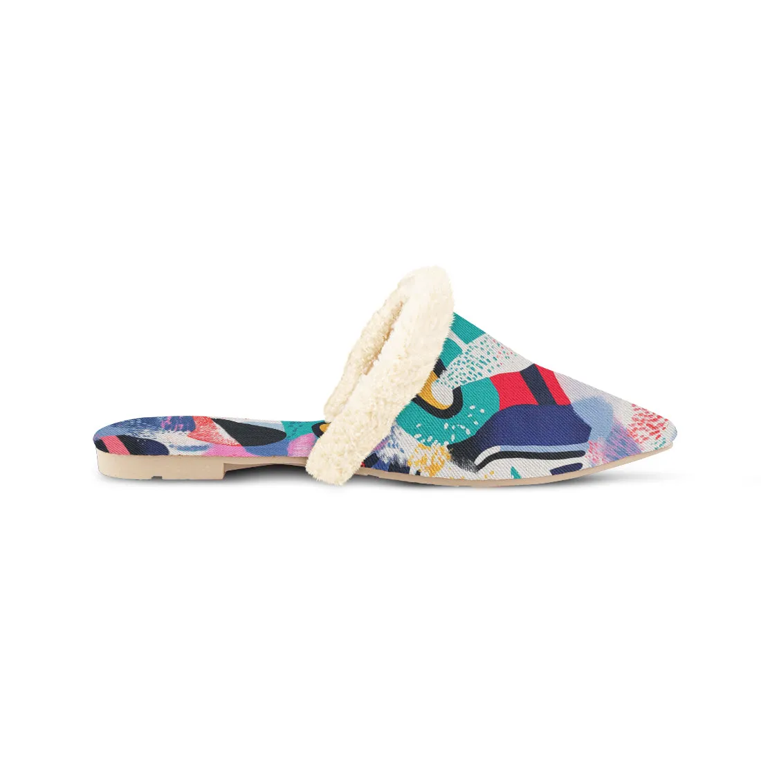 Multicolor Abstract Art Fur-Lined Mules