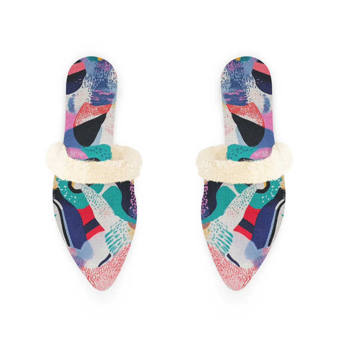 Multicolor Abstract Art Fur-Lined Mules