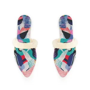 Multicolor Abstract Art Fur-Lined Mules