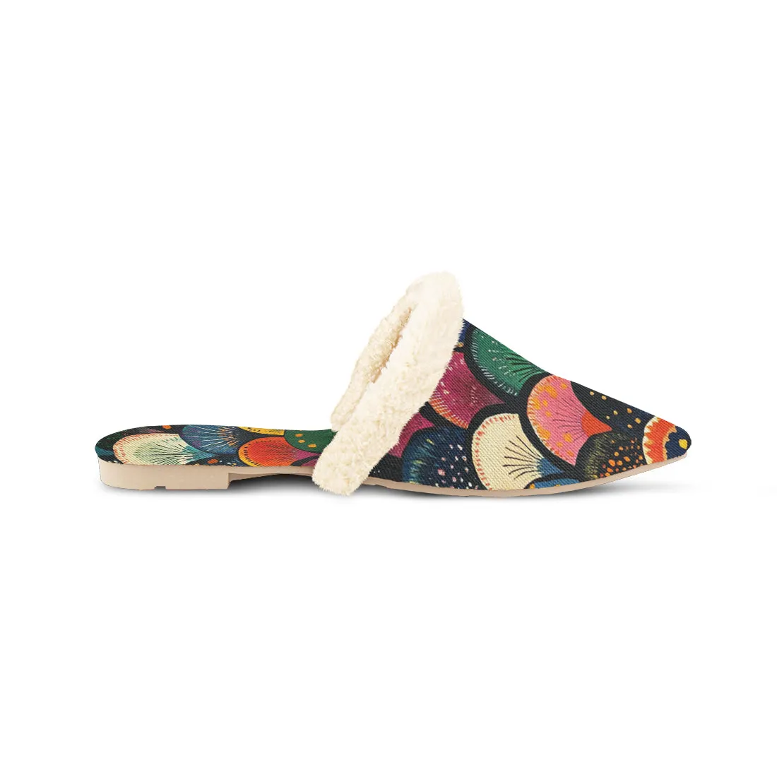 Multicolor Fan Motif Fur-Lined Mules