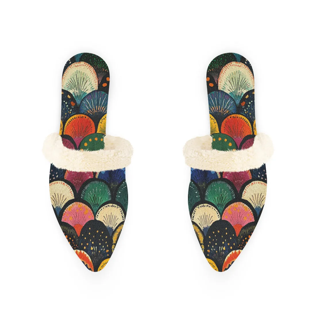 Multicolor Fan Motif Fur-Lined Mules