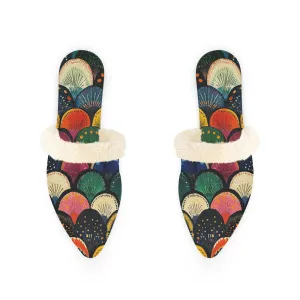 Multicolor Fan Motif Fur-Lined Mules