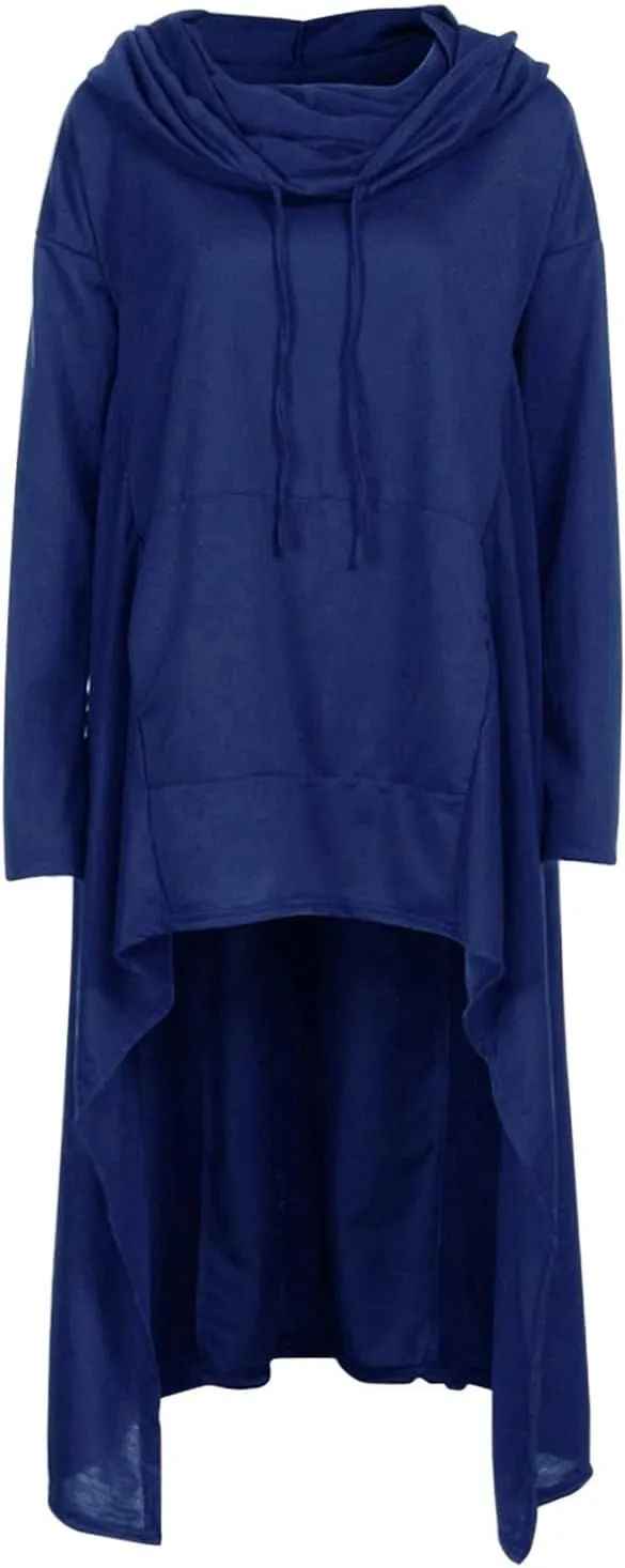 Muyise Womens Asymmetric Hem Long Sleeve Loose Casual Hoodies Sweatshirts Tunic Tops Cowl Neck High Low Cloak with Pockets