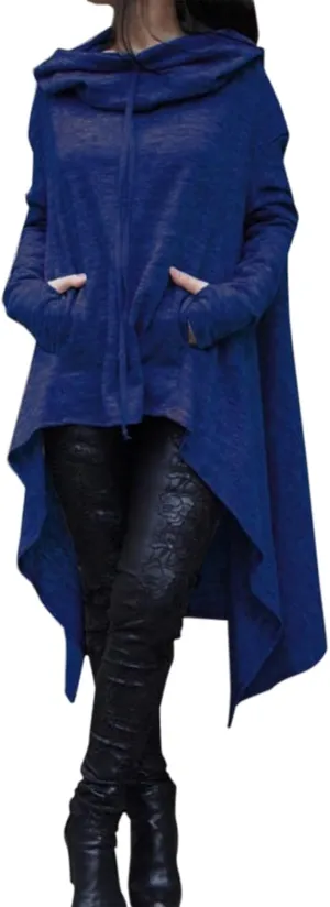 Muyise Womens Asymmetric Hem Long Sleeve Loose Casual Hoodies Sweatshirts Tunic Tops Cowl Neck High Low Cloak with Pockets