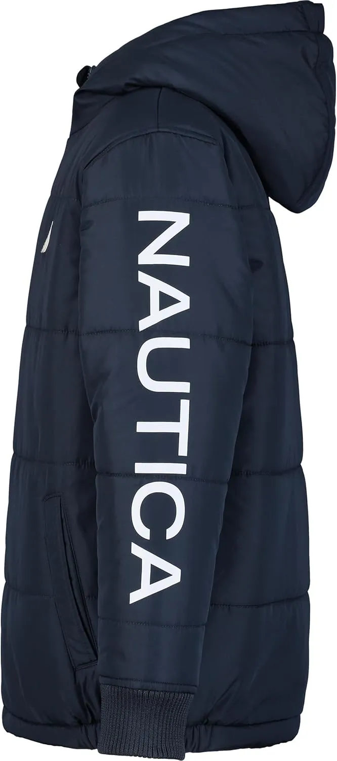 Nautica Boys' Heavy Weight Hooded Bubble Jacket with Polar Fleece Lining