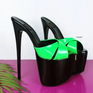 Neon Green Black Patent Platform Mules