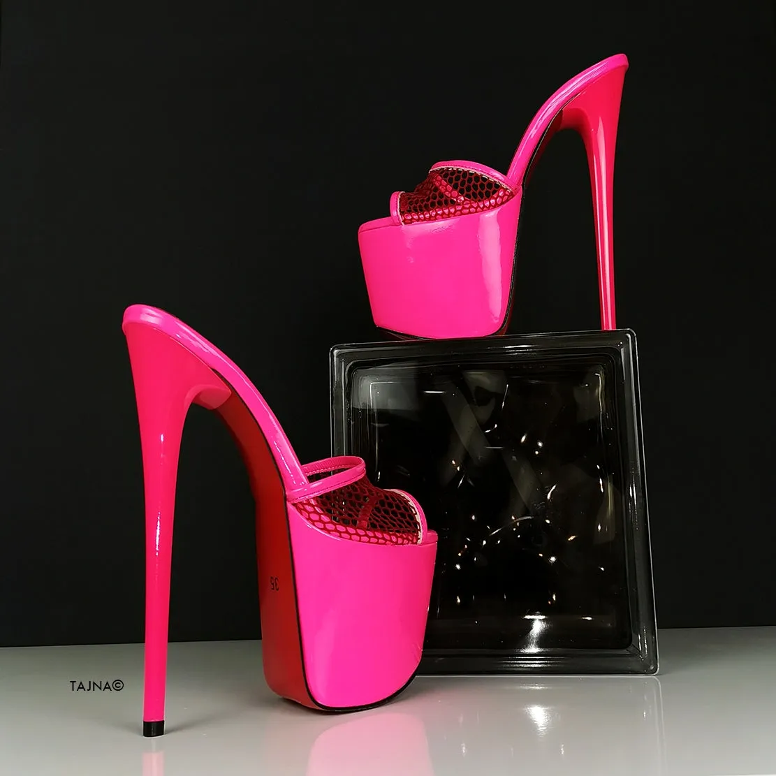 Neon Pink Fishnet High Heel Mules