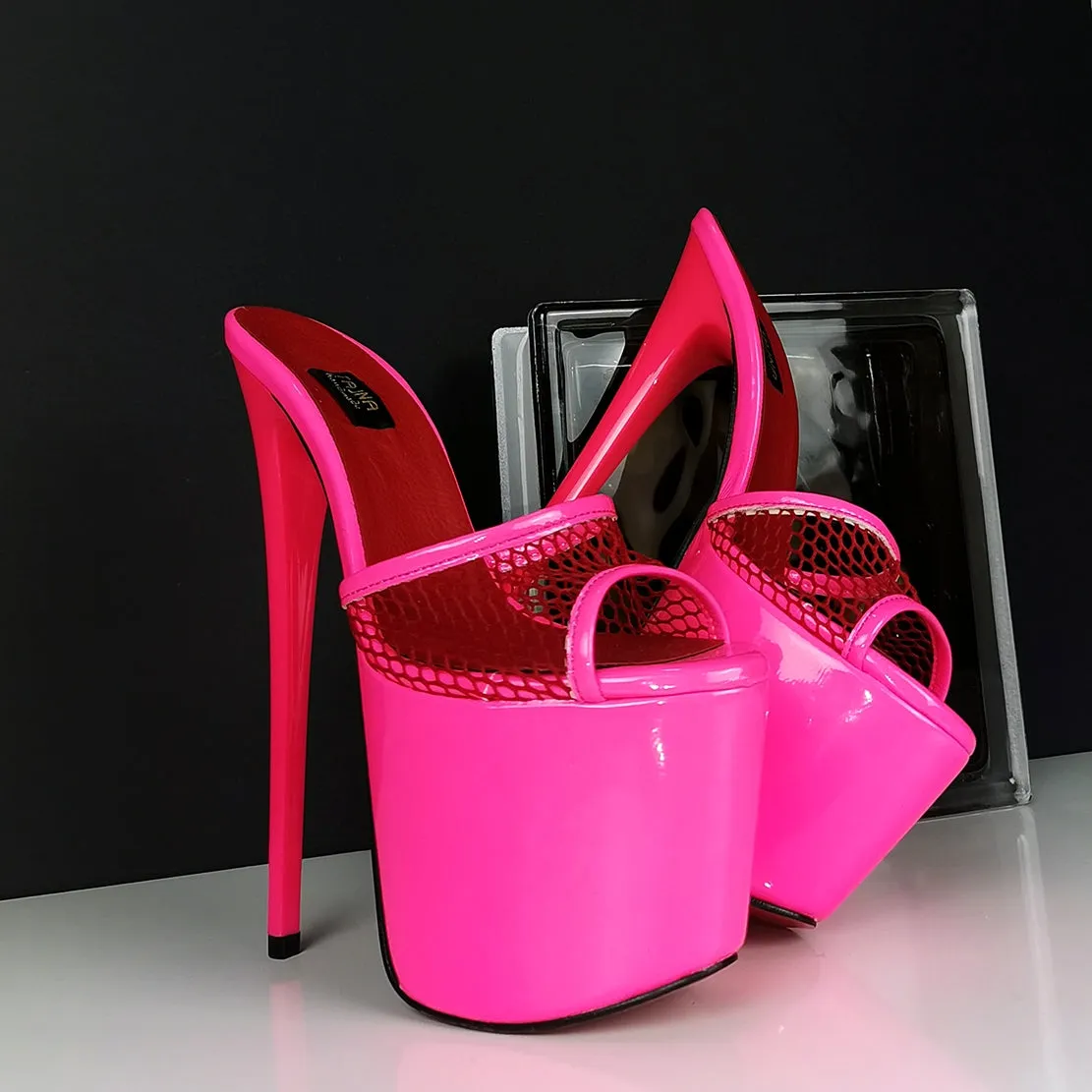 Neon Pink Fishnet High Heel Mules