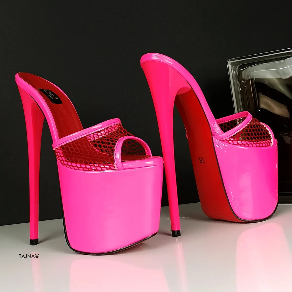 Neon Pink Fishnet High Heel Mules