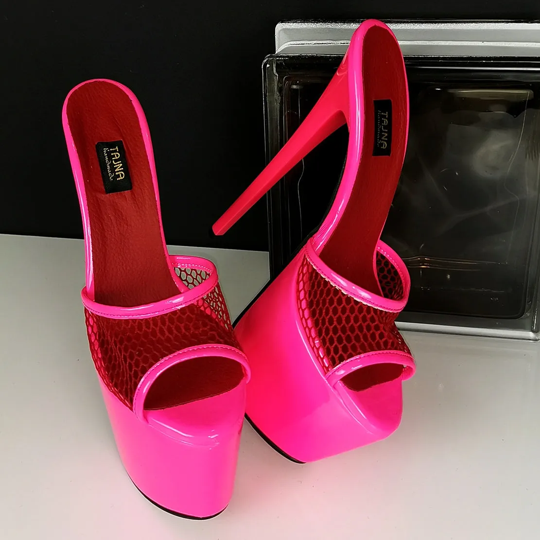 Neon Pink Fishnet High Heel Mules