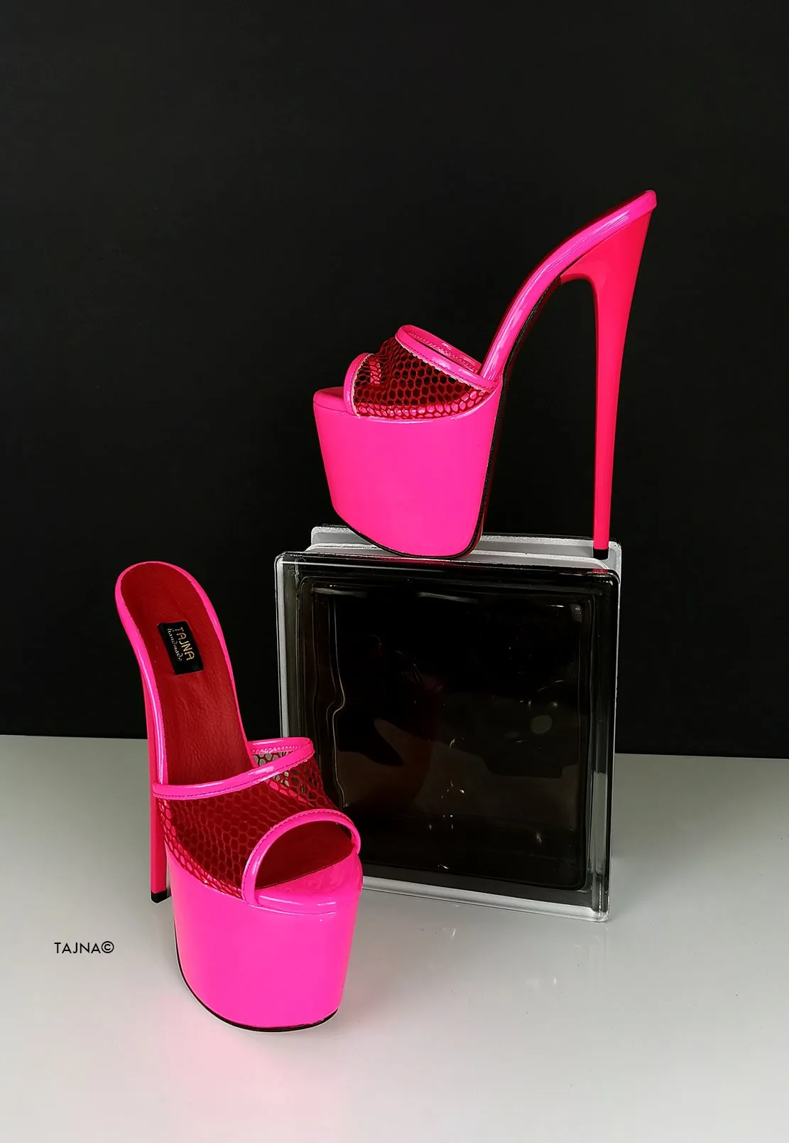 Neon Pink Fishnet High Heel Mules