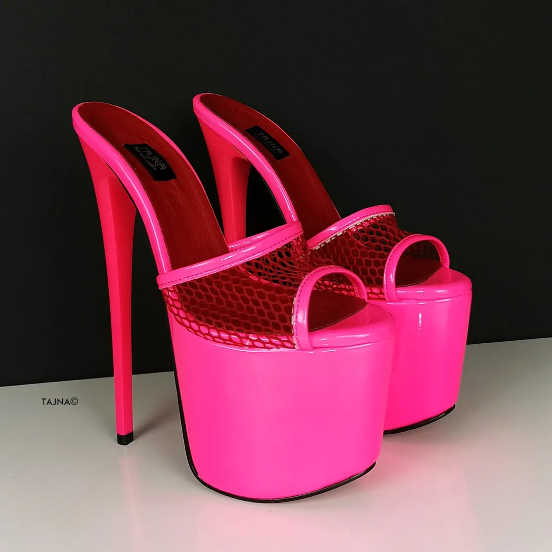 Neon Pink Fishnet High Heel Mules