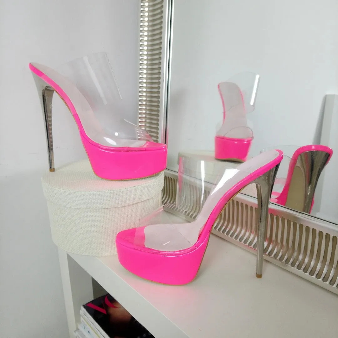 Neon Pink Transparent Metallic Heel Mules