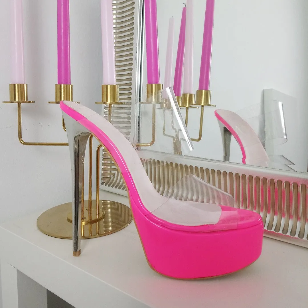 Neon Pink Transparent Metallic Heel Mules