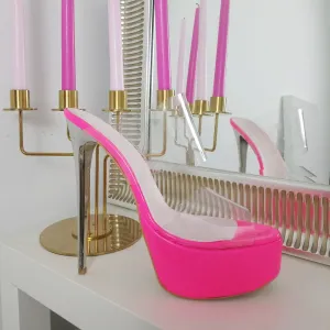 Neon Pink Transparent Metallic Heel Mules