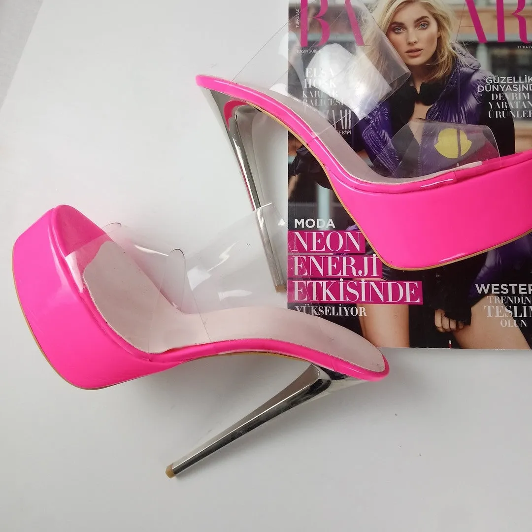 Neon Pink Transparent Metallic Heel Mules