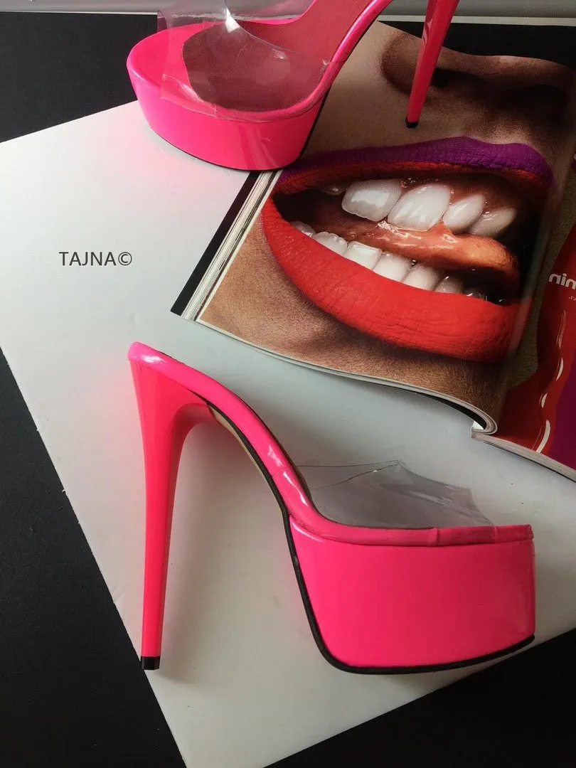 Neon Pink Transparent Platform Mules