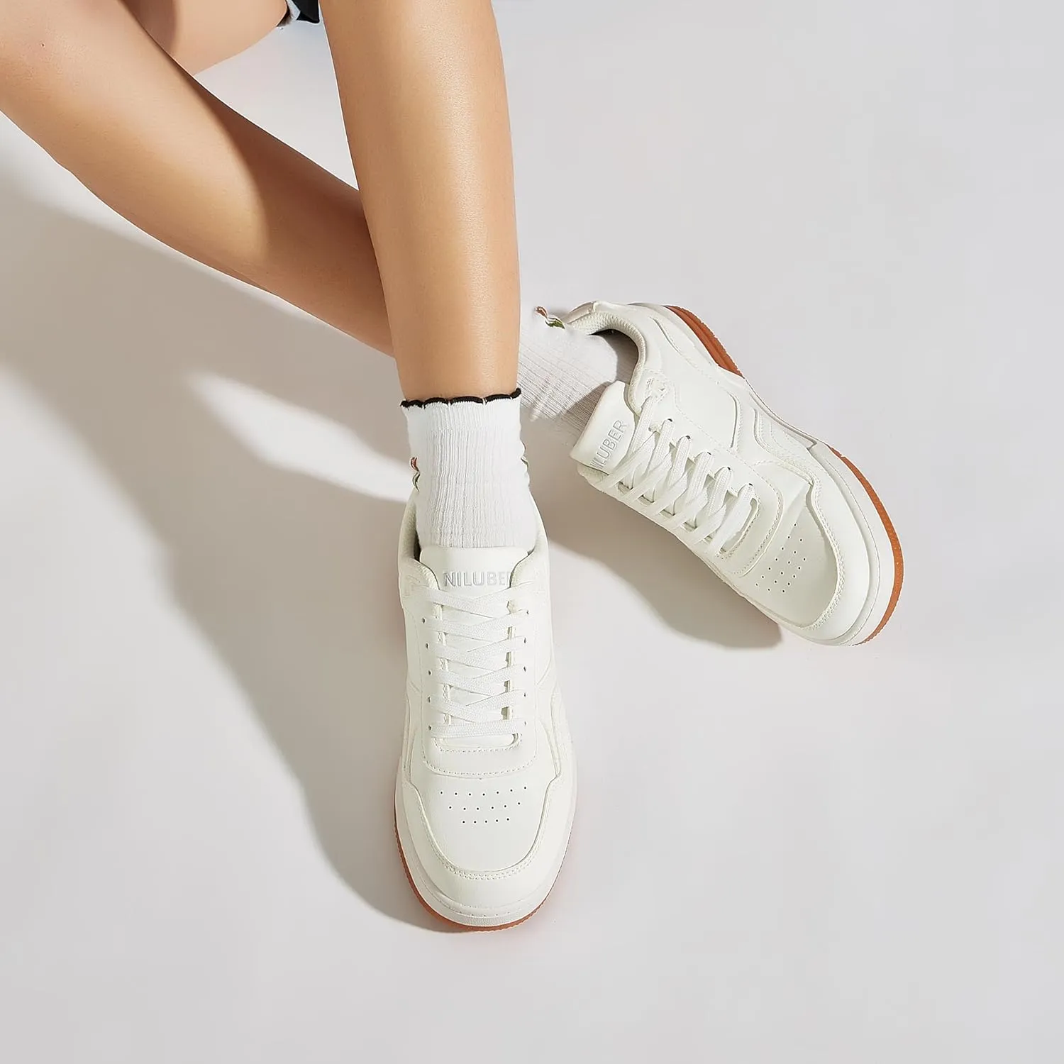 Niluber Women's Fashion Low Top Sneakers - White PU Leather Tennis Shoes-Lace Up Comfortable Casual Waking Shoes