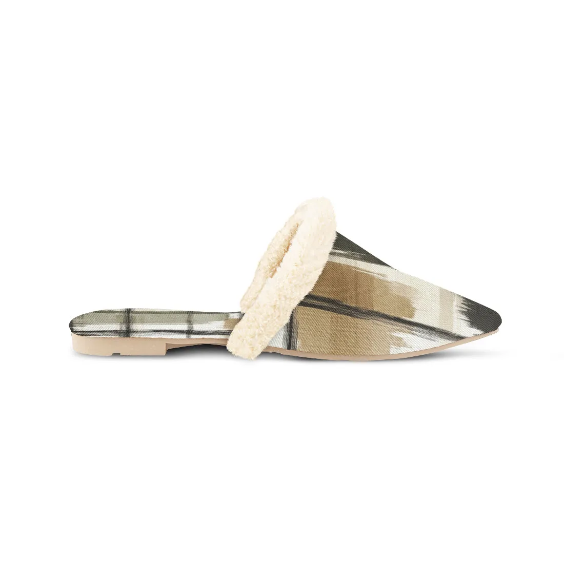 Olive Plaid Fur-Lined Comfort Mules
