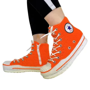 Orange Canvas Sneakers Custom Crochet Knitted Slippers, Handmade Personalized Design Home Shoes, Soft Comfortable Breathable Booties Socks