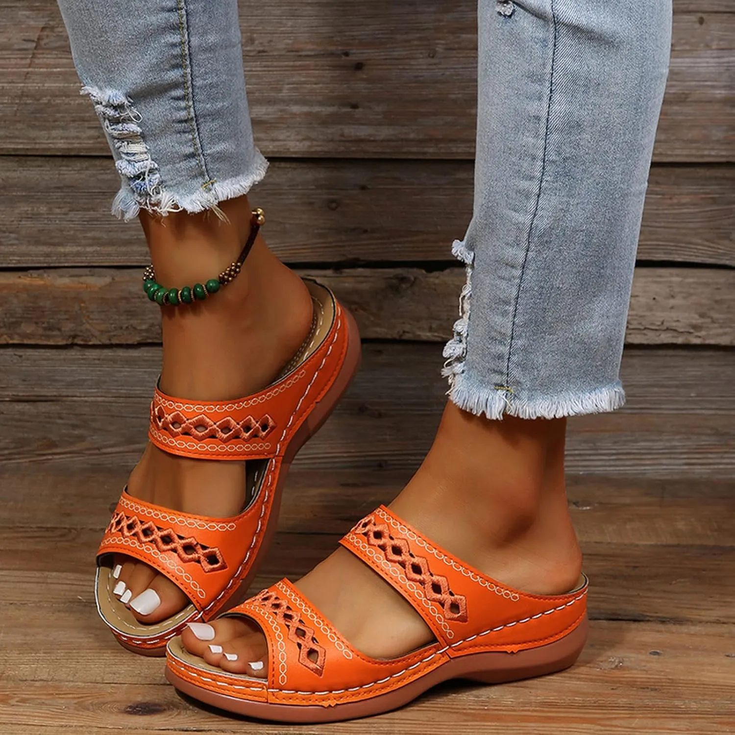 Orthopedic Sandals for Women Arch Support Flip Flops Sandals Walking Thong Sandals 3D Hollow Flower Wedge Shoes
