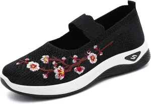 Orthopedic Shoes for Women Flower Embroidered Slip On Casual Woven Flat Loafers Breathable Soft Shoe Diabetic Walking Sneakers Comfortable Non Slip Work Sneaker with Arch Support