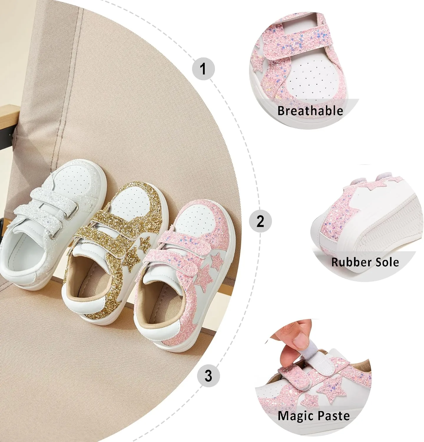 Otter MOMO Girls Sneakers Little Girls Magic Paste Shoes Glitter Sneakers Toddler