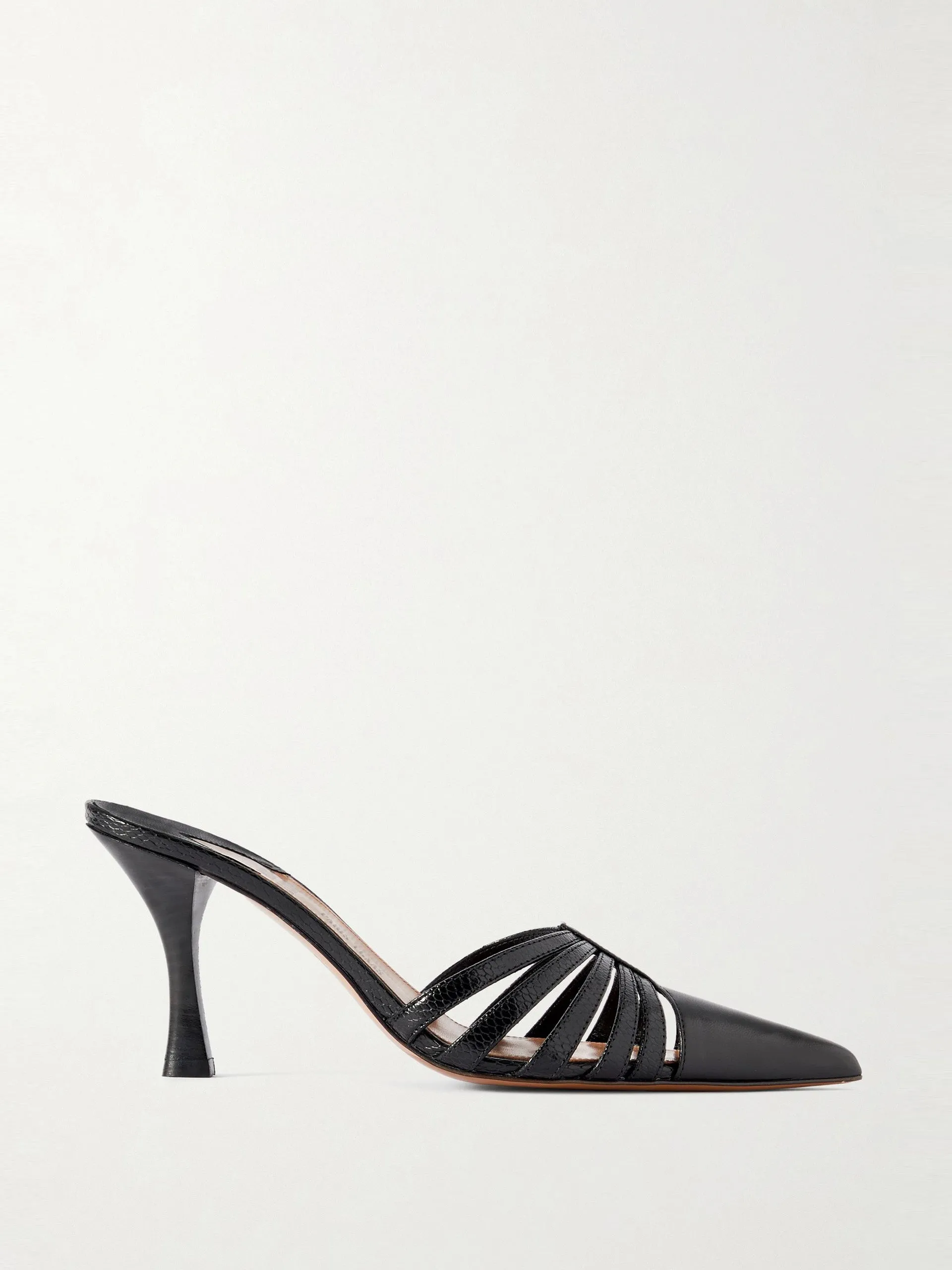 Patent and snake-effect leather mules