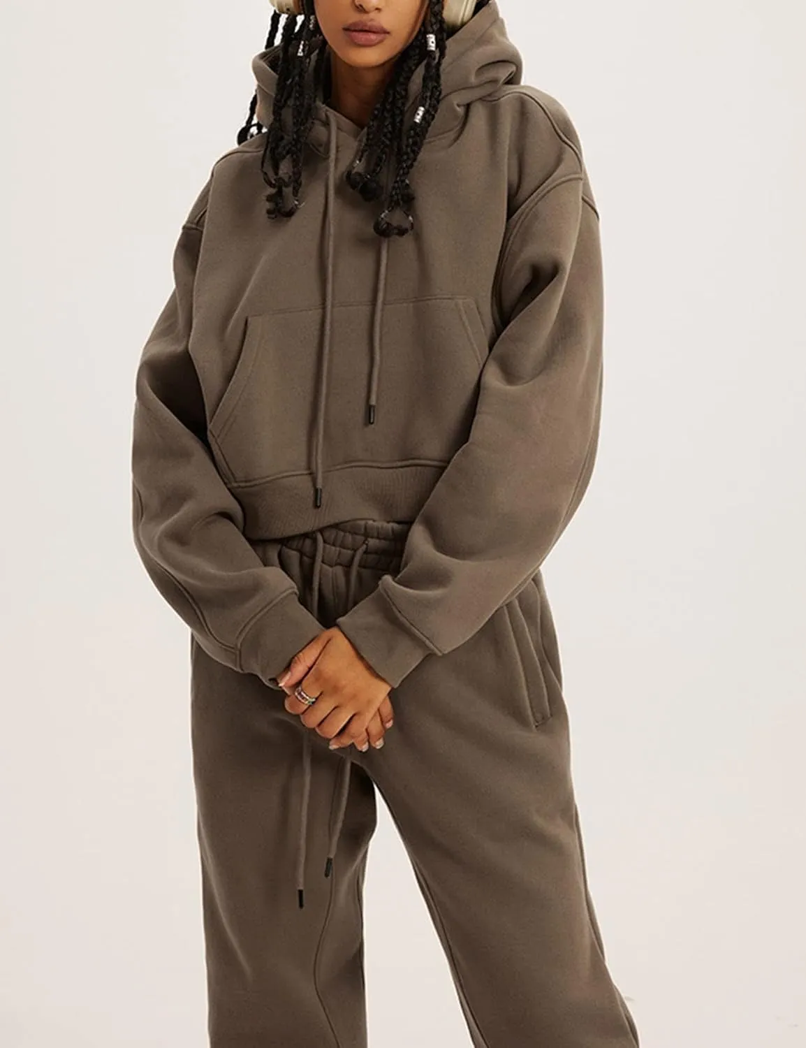 PEHMEA Women's 2 Piece Sweatsuit Outfits, Winter Comfy Lounge Sets for Women, Fleece Hoodies Crop Pullover with Joggers Pants