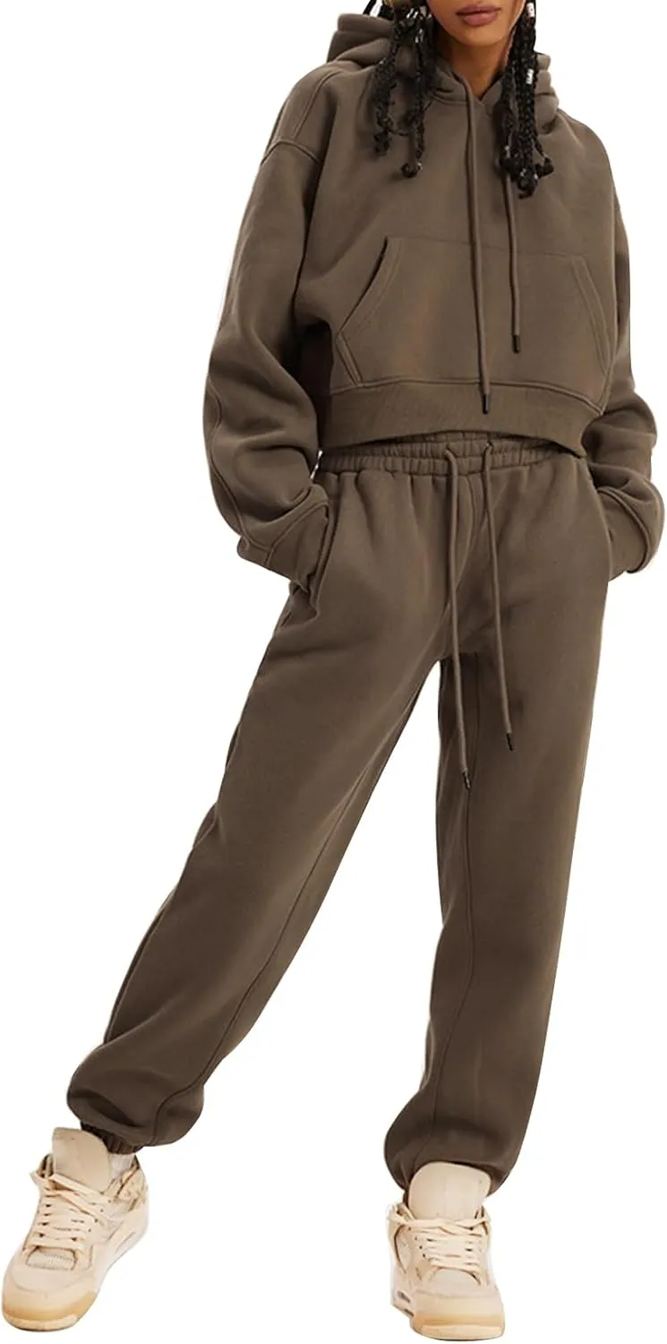 PEHMEA Women's 2 Piece Sweatsuit Outfits, Winter Comfy Lounge Sets for Women, Fleece Hoodies Crop Pullover with Joggers Pants