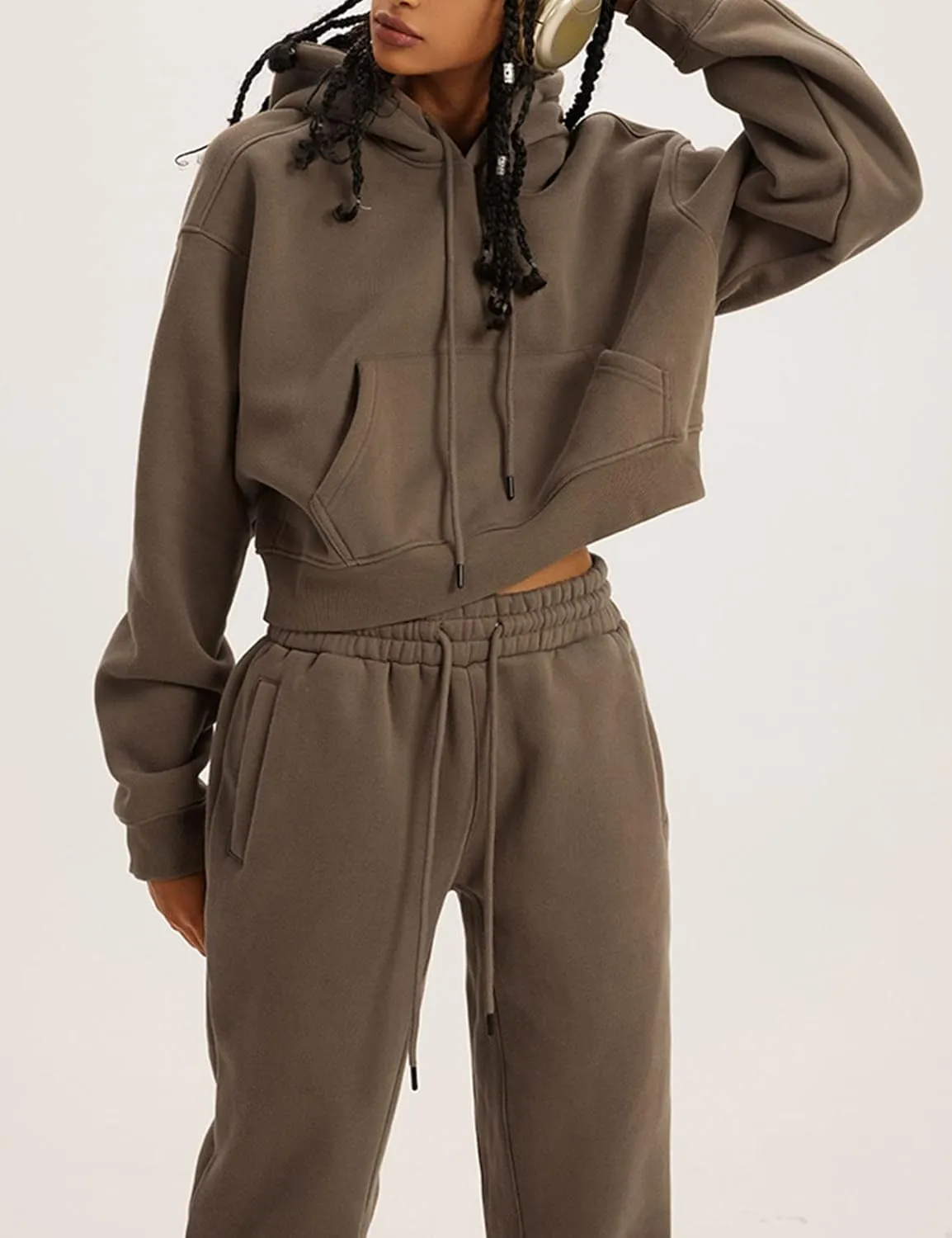 PEHMEA Women's 2 Piece Sweatsuit Outfits, Winter Comfy Lounge Sets for Women, Fleece Hoodies Crop Pullover with Joggers Pants