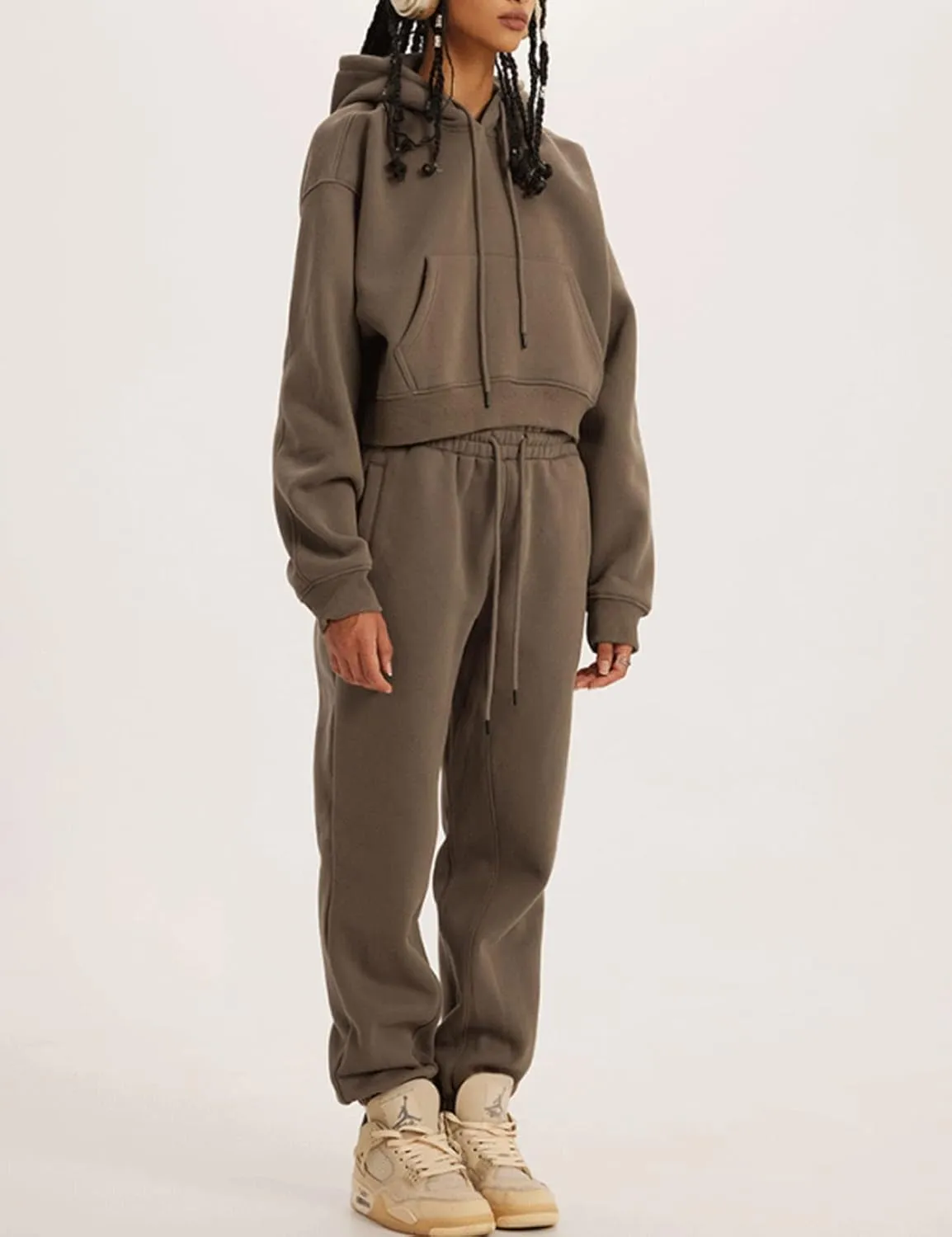 PEHMEA Women's 2 Piece Sweatsuit Outfits, Winter Comfy Lounge Sets for Women, Fleece Hoodies Crop Pullover with Joggers Pants