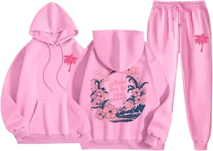 Pink Preppy Sweatsuits Women 2 Piece Outfit Graphic Pink Hoodie Jogger Pants Machting Lounge Sets Tracksuit 2024