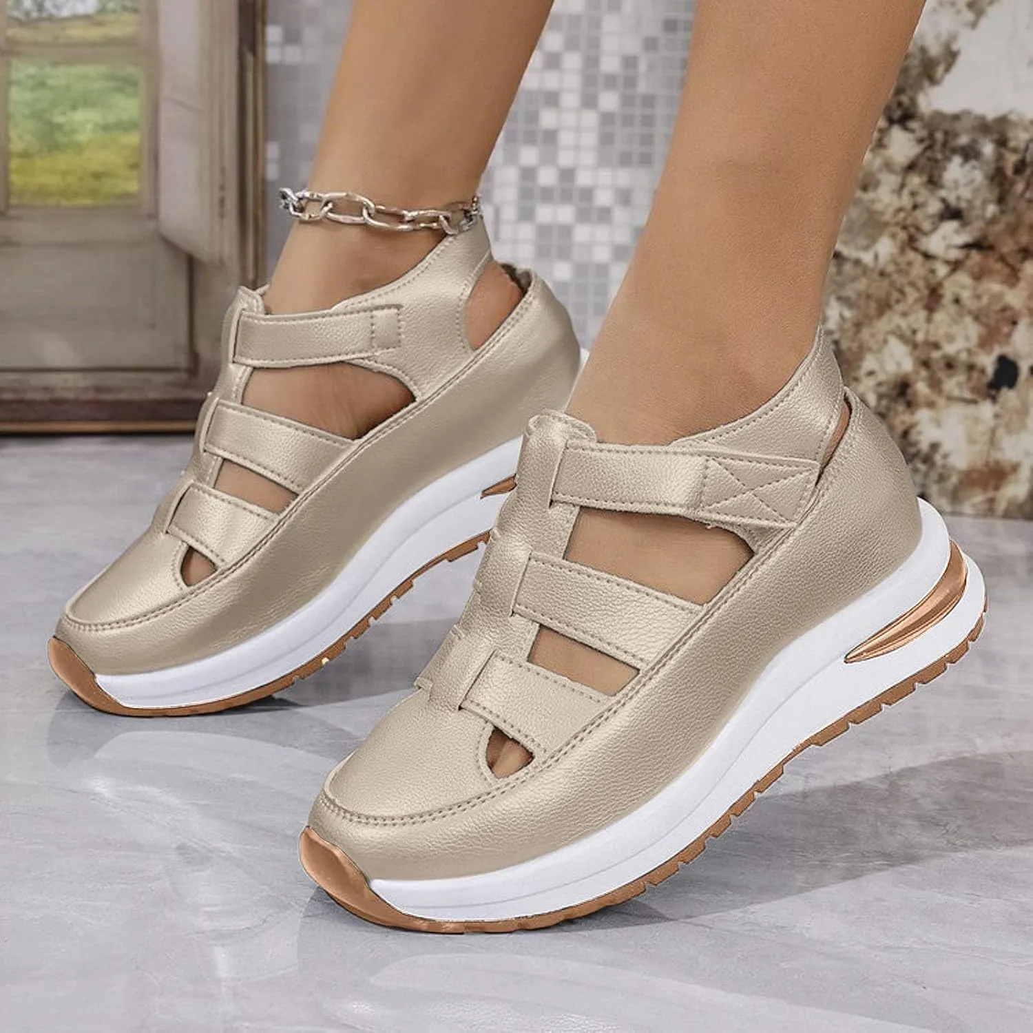 Platform Sandals Women Plus Size Hollow-Out Wedges Sandals Leather Closed Toe Height-Boosting Shoes Non Slip Orthopedic Roman Sandal Breathable Comfortable Shoes 2025
