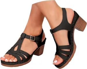 Platform Wedge Sandals for Women 2025 Dressy Summer Chunky Heel Ankle Strap Wedges Casual Hollow Out Open Toe Block Heels Comfortable Sandal Work Sandals for Women Office Breathable Dress Shoes