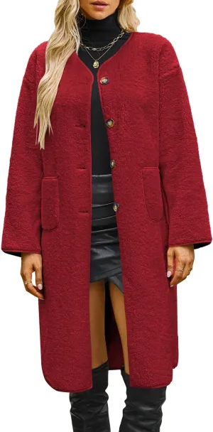 Poetsky Womens Winter Teddy Faux Fur Coats Warm Button Down Fuzzy Fleece Long Jacket Outerwear Outfits